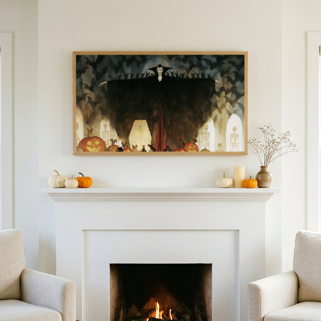 Halloween TV art above a white fireplace with small pumpkins on the mantel