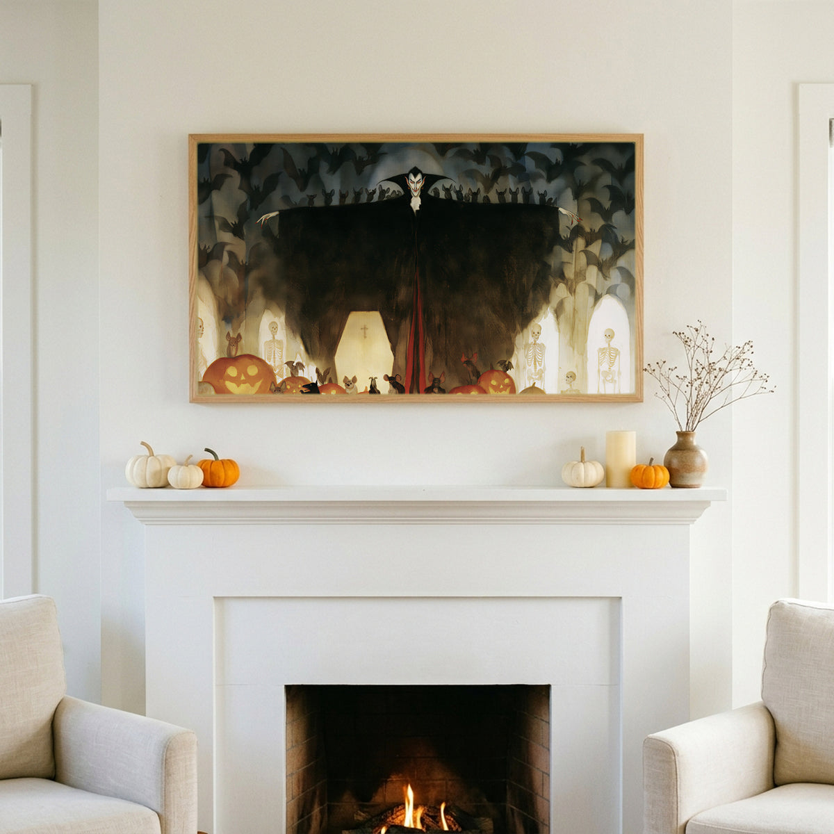 Halloween TV art above a white fireplace with small pumpkins on the mantel
