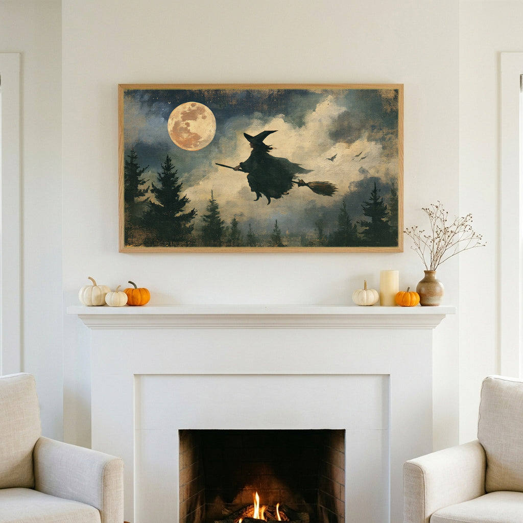 Halloween TV art above a white fireplace with small pumpkins on the mantel