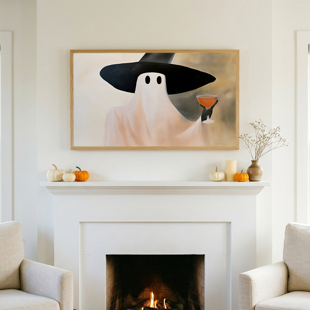 Halloween TV art above a white fireplace with small pumpkins on the mantel