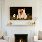 Shiba inu ghost Halloween TV art above a white fireplace with small pumpkins on the mantel