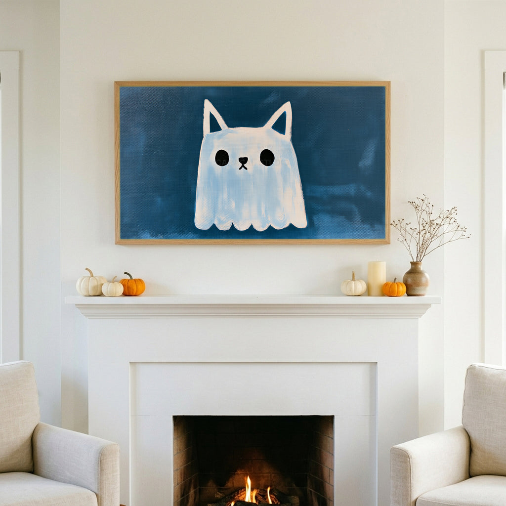 Cat eared ghost TV art above a white fireplace with small pumpkins on the mantel