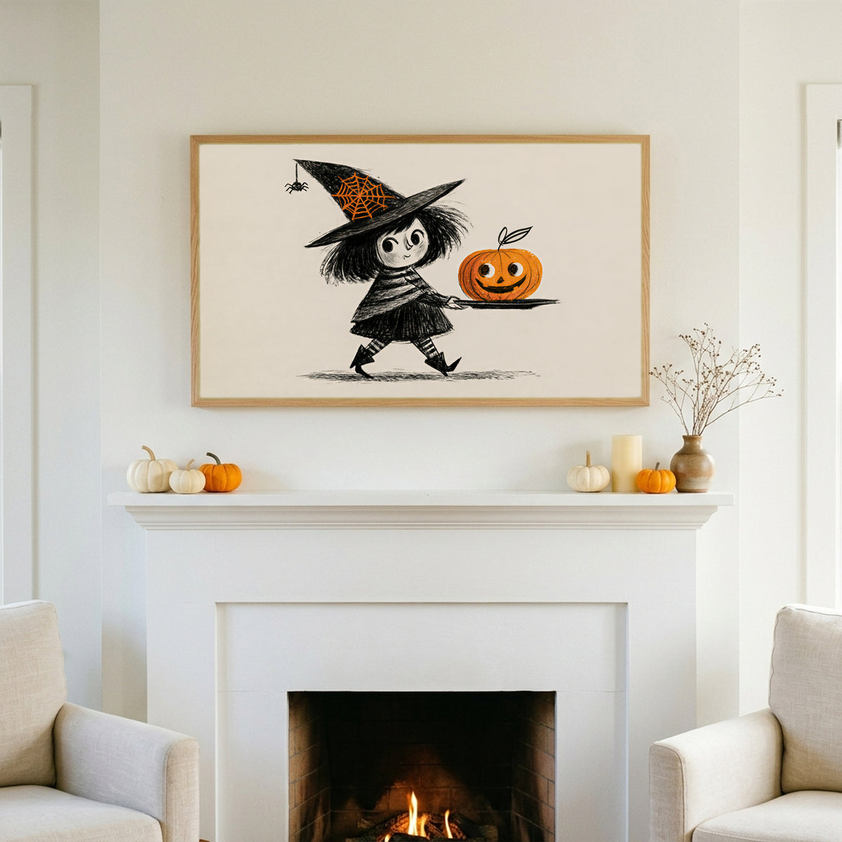 Halloween TV art above a white fireplace with small pumpkins on the mantel