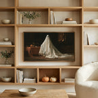 Vintage ghost art on a TV in built-in oak shelves with pumpkins and books
