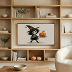 Little witch art on a TV in built-in oak shelves with pumpkins and books
