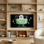 Ghost in a potion glass art on a TV in built-in oak shelves with pumpkins and books