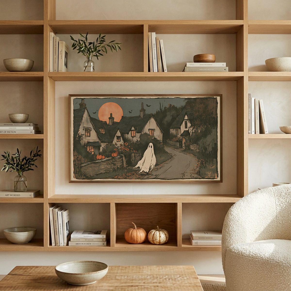 Ghost village art on a TV in built-in oak shelves with pumpkins and books