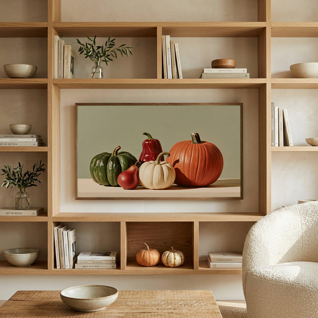 Pumpkin still life art on a TV in built-in oak shelves with pumpkins and books