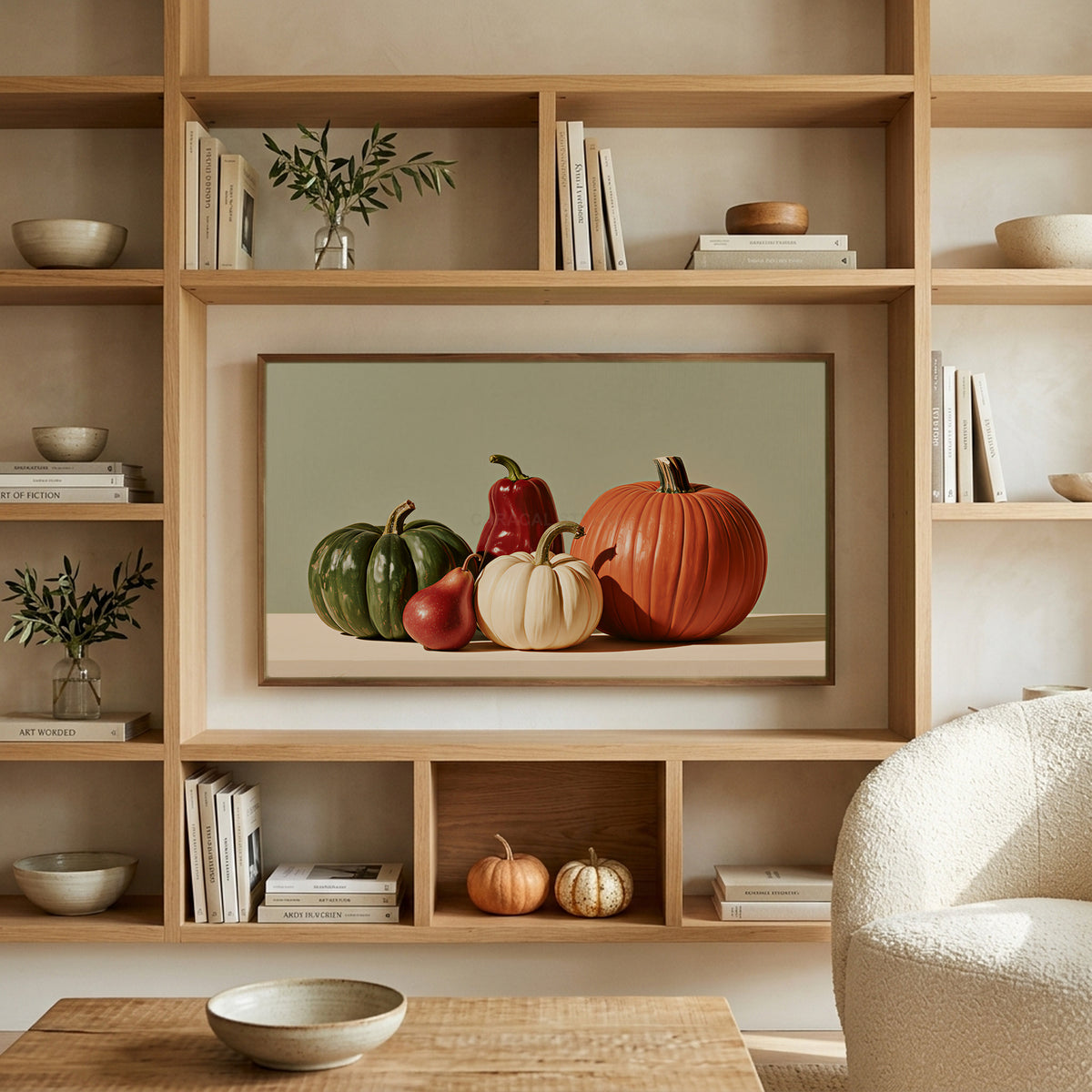 Pumpkin still life art on a TV in built-in oak shelves with pumpkins and books