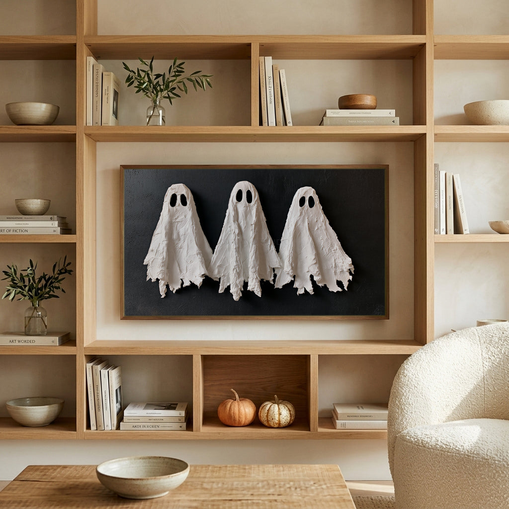 Textured ghosts art on a TV in built-in oak shelves with pumpkins and books