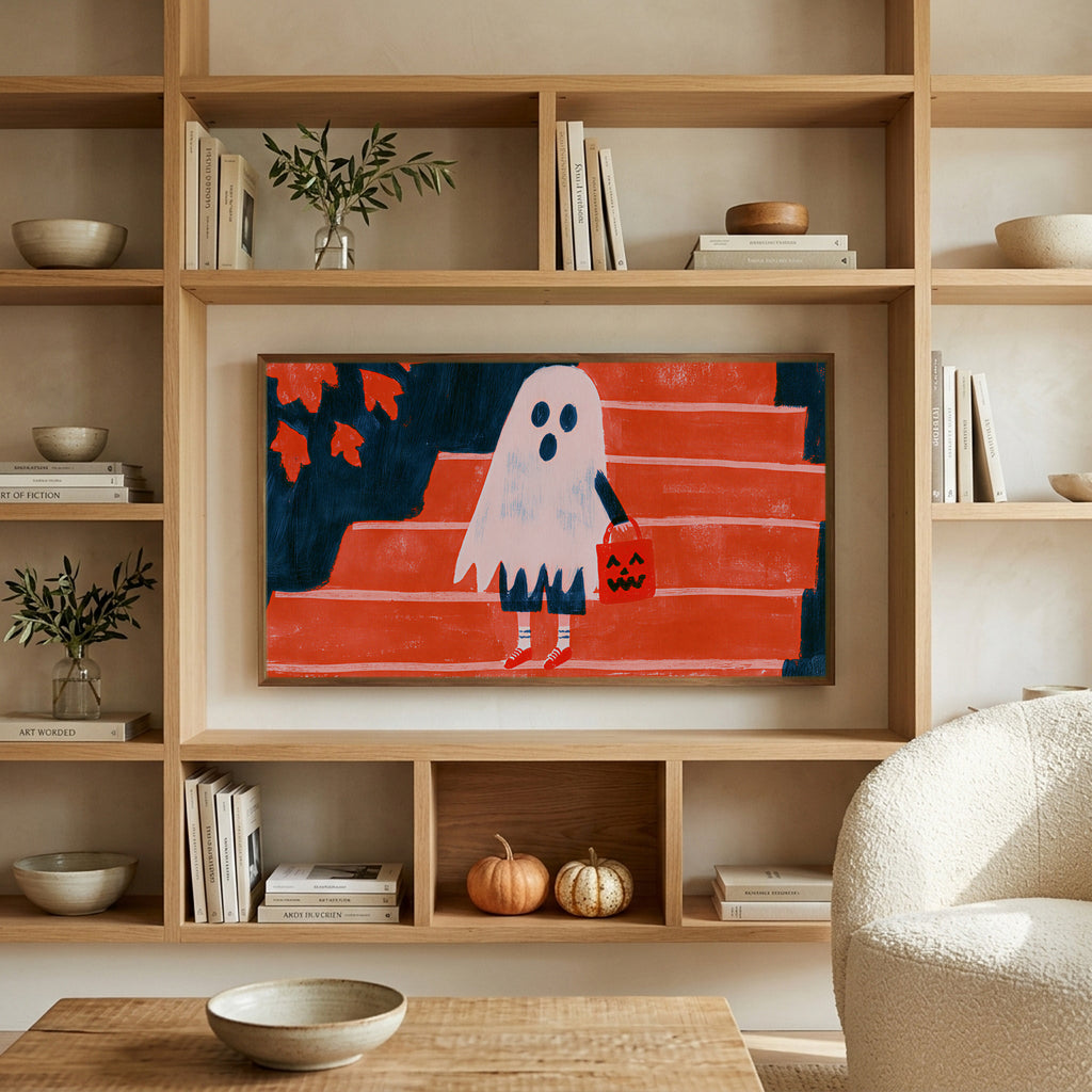 Ghost with a jack-o'-lantern bag art on a TV in built-in oak shelves with pumpkins and books