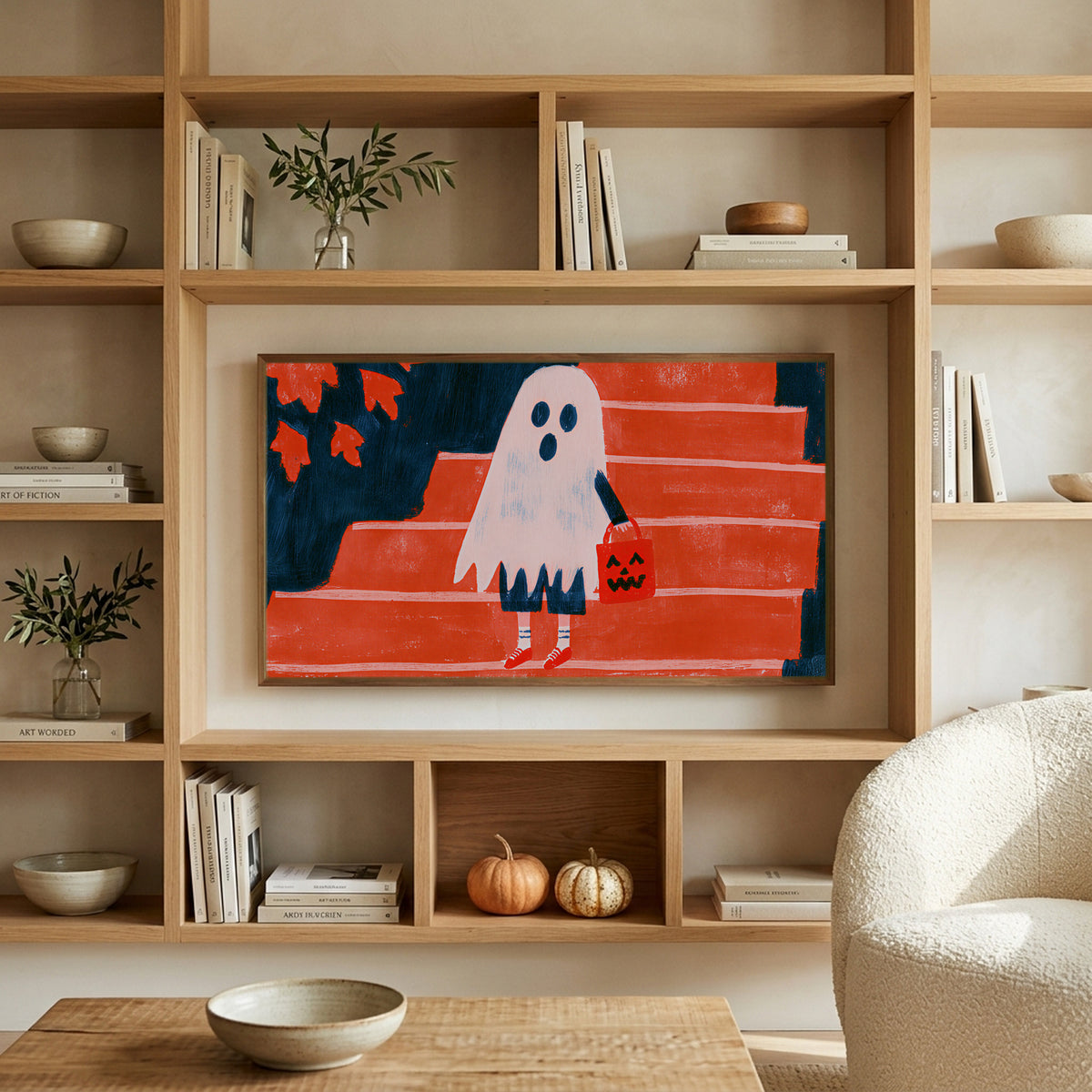 Ghost with a jack-o'-lantern bag art on a TV in built-in oak shelves with pumpkins and books