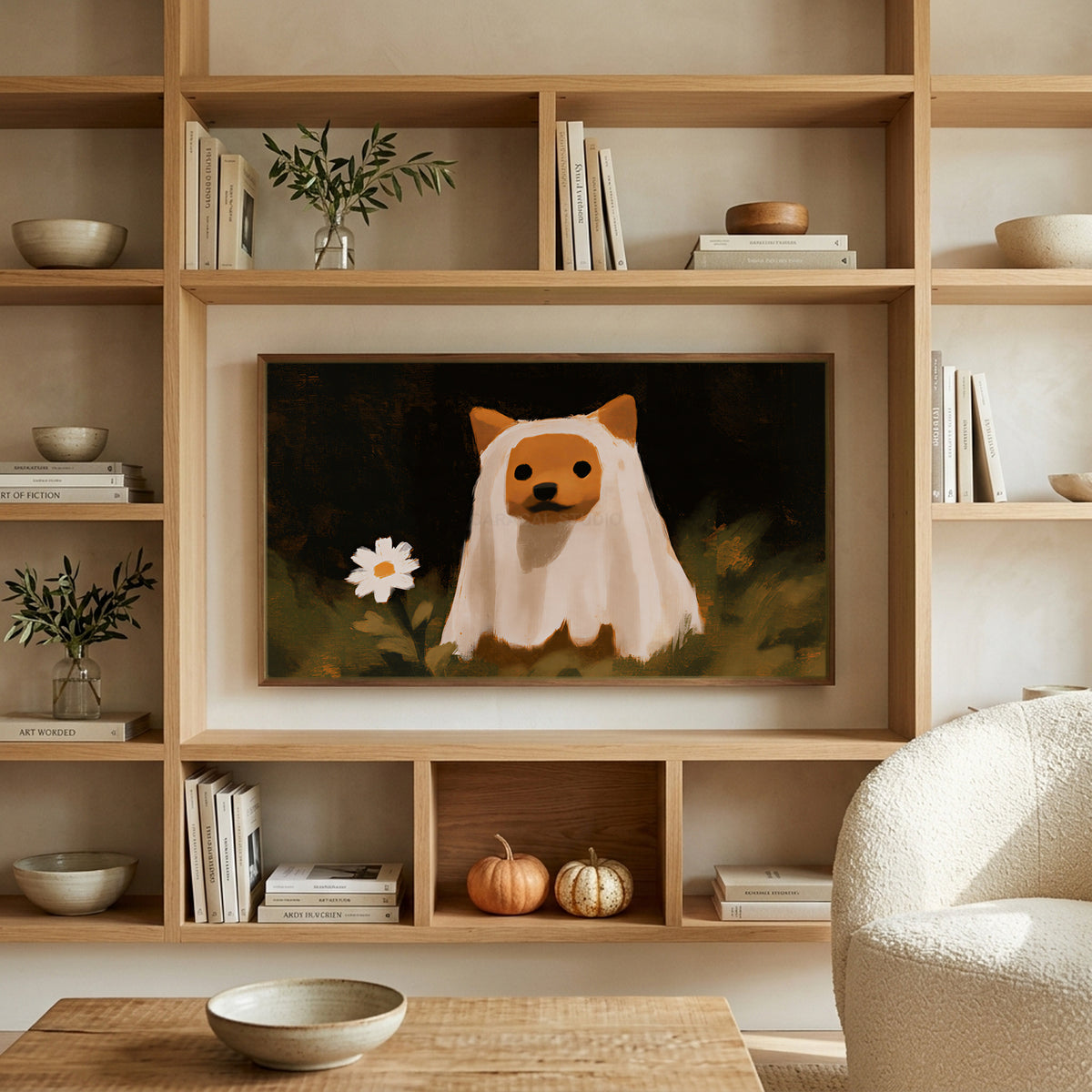 Shiba inu ghost art on a TV in built-in oak shelves with pumpkins and books