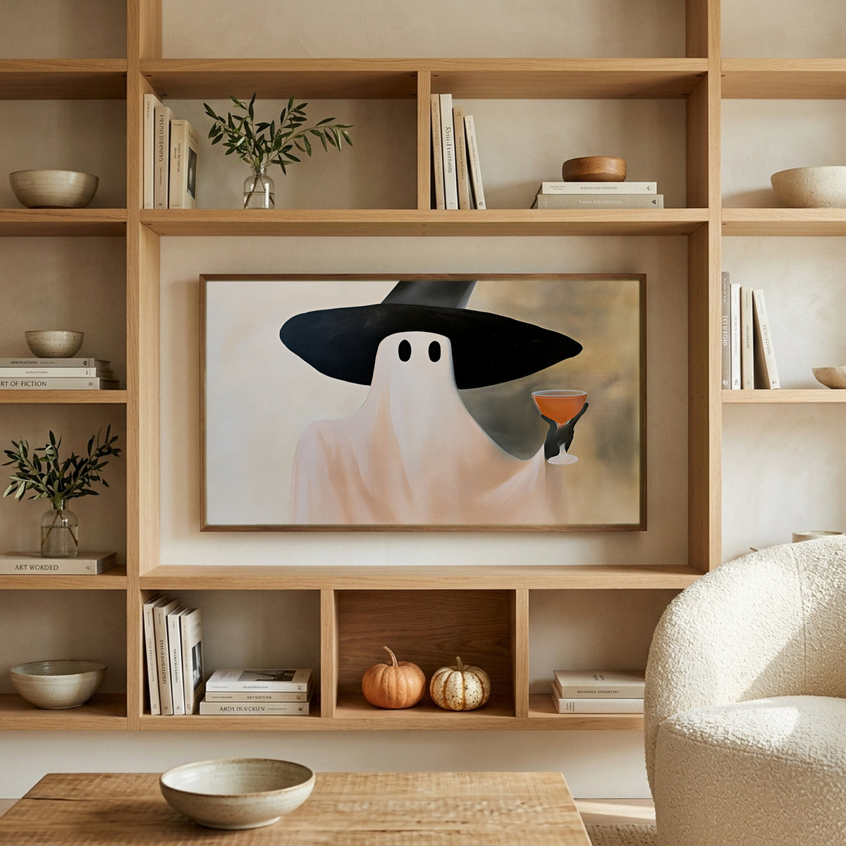 Ghost witch with a cocktail art on a TV in built-in oak shelves with pumpkins and books