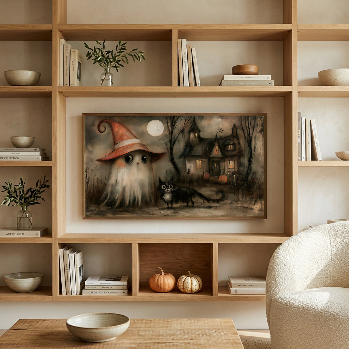 Ghost witch and black cat art on a TV in built-in oak shelves with pumpkins and books