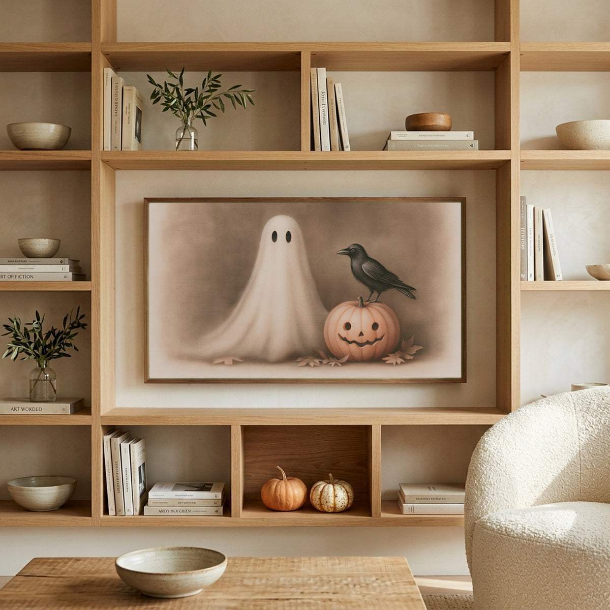 Ghost and crow art on a TV in built-in oak shelves with pumpkins and books