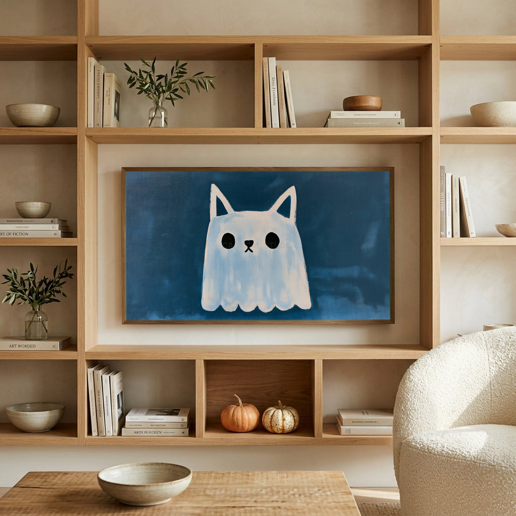 Cat eared ghost art on a TV in built-in oak shelves with pumpkins and books