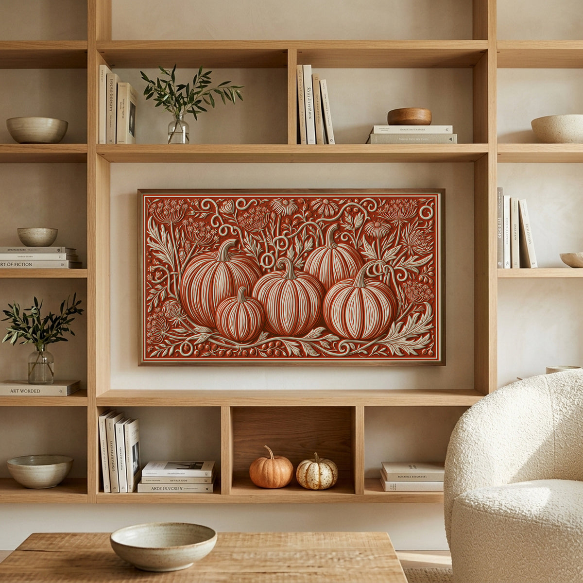 Folk art pumpkins art on a TV in built-in oak shelves with pumpkins and books