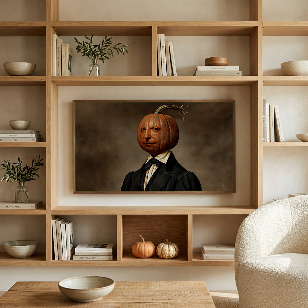 Pumpkin head portrait art on a TV in built-in oak shelves with pumpkins and books