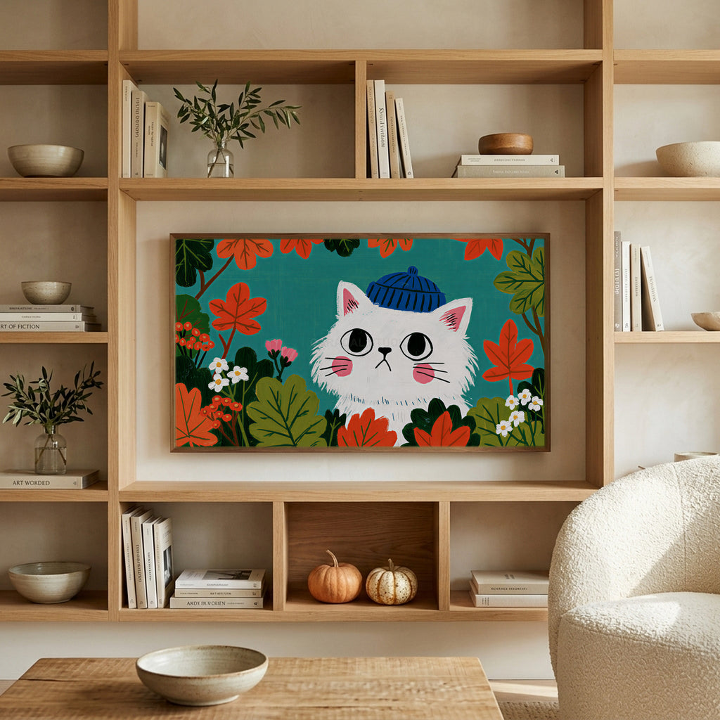 Autumn cat art on a TV in built-in oak shelves with pumpkins and books