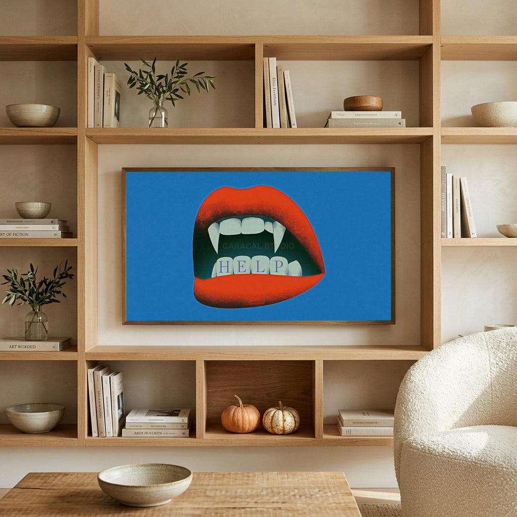 Vampire fangs art on a TV in built-in oak shelves with pumpkins and books