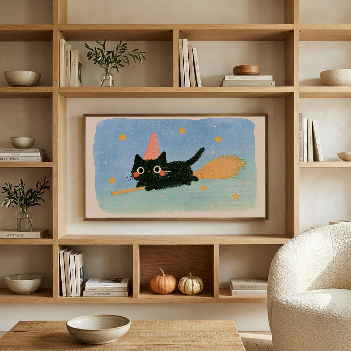 Black cat witch art on a TV in built-in oak shelves with pumpkins and books