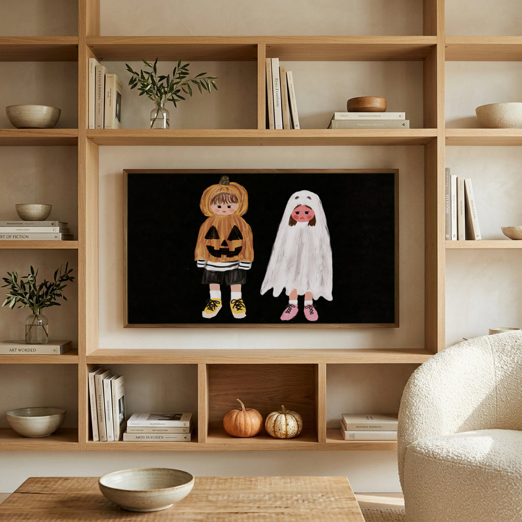 Trick-or-treaters art on a TV in built-in oak shelves with pumpkins and books