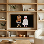 Trick-or-treaters art on a TV in built-in oak shelves with pumpkins and books