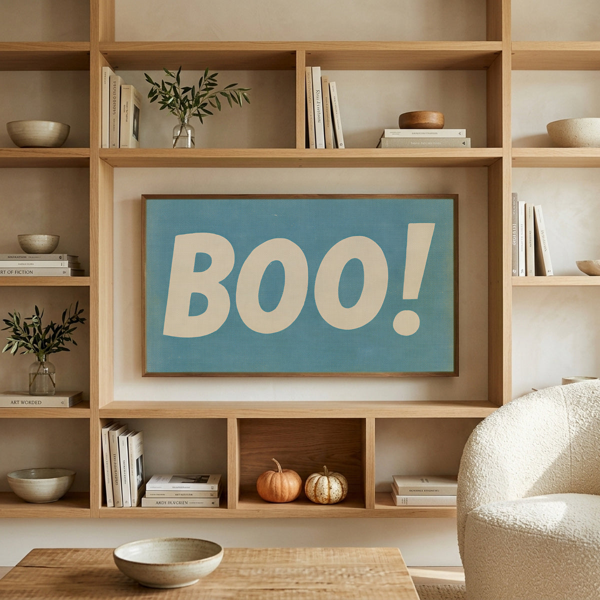 Retro Boo art on a TV in built-in oak shelves with pumpkins and books