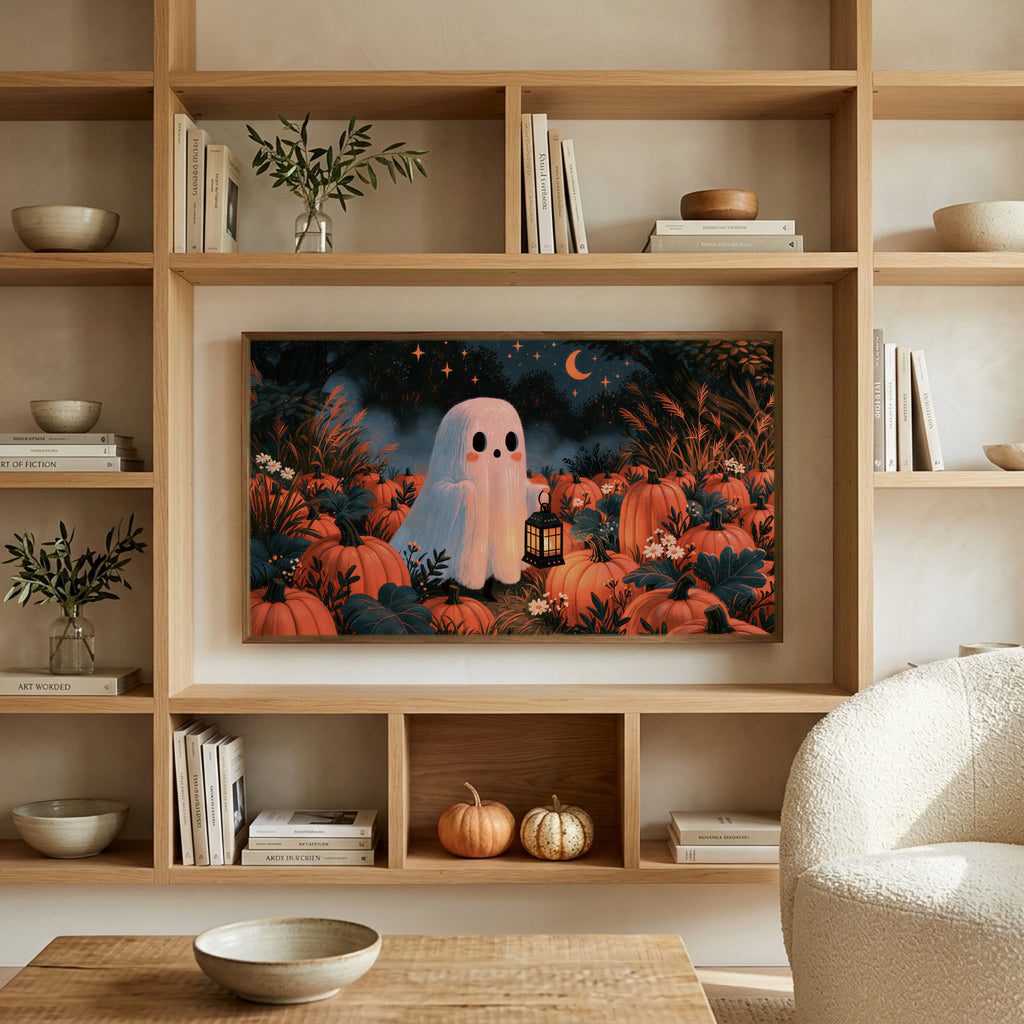 Ghost in the pumpkin patch art on a TV in built-in oak shelves with pumpkins and books