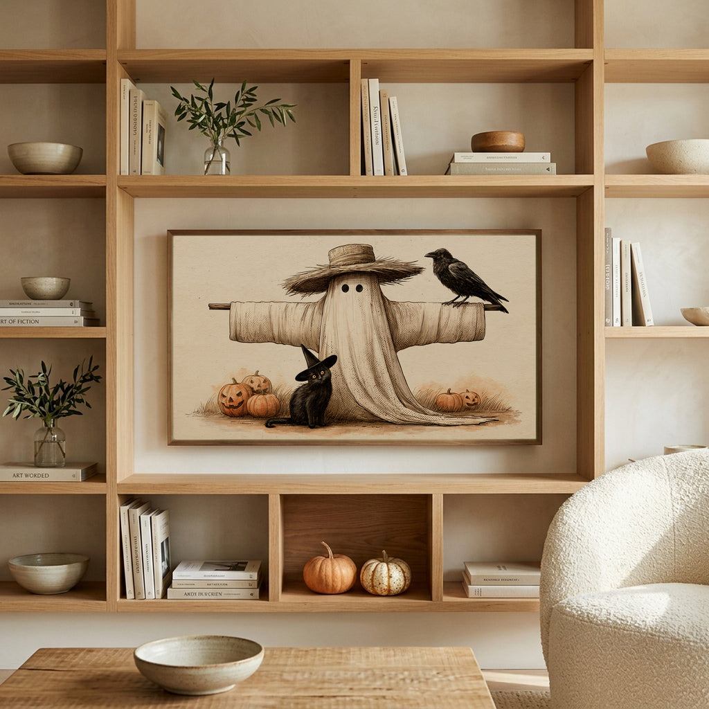 Ghost scarecrow art on a TV in built-in oak shelves with pumpkins and books