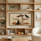Ghost scarecrow art on a TV in built-in oak shelves with pumpkins and books