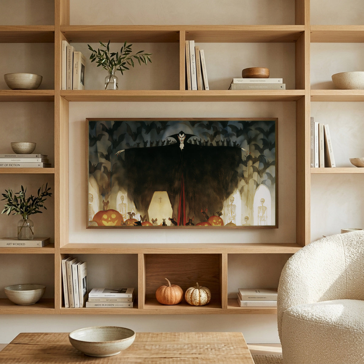Vampire art on a TV in built-in oak shelves with pumpkins and books
