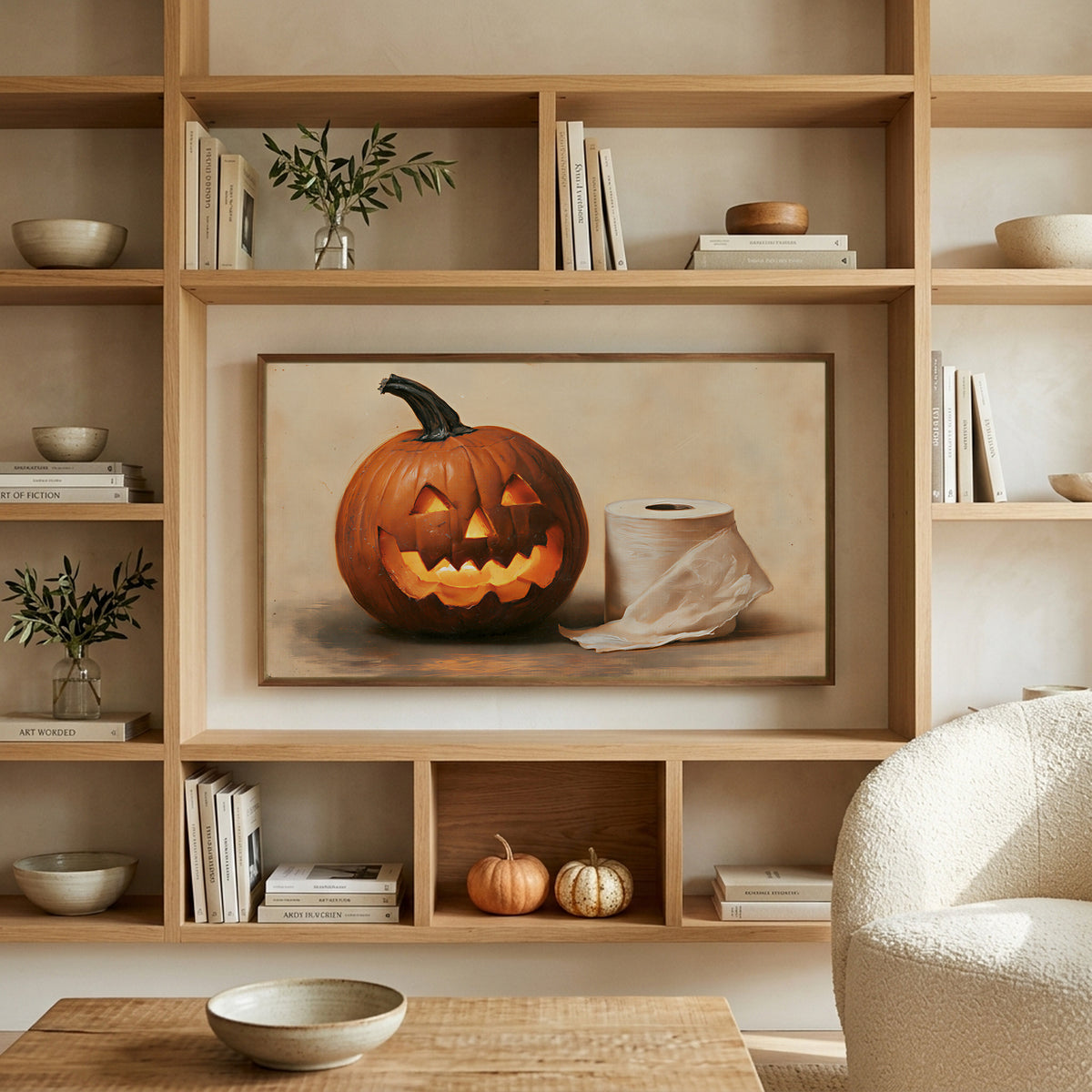 Jack-o'-lantern and toilet paper art on a TV in built-in oak shelves with pumpkins and books