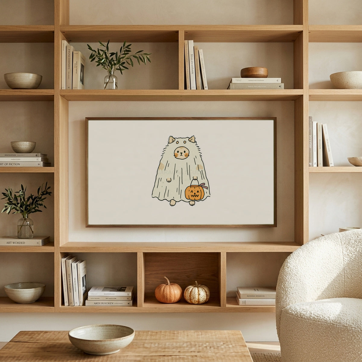 Ghost cat art on a TV in built-in oak shelves with pumpkins and books