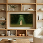 Ghost and UFO art on a TV in built-in oak shelves with pumpkins and books