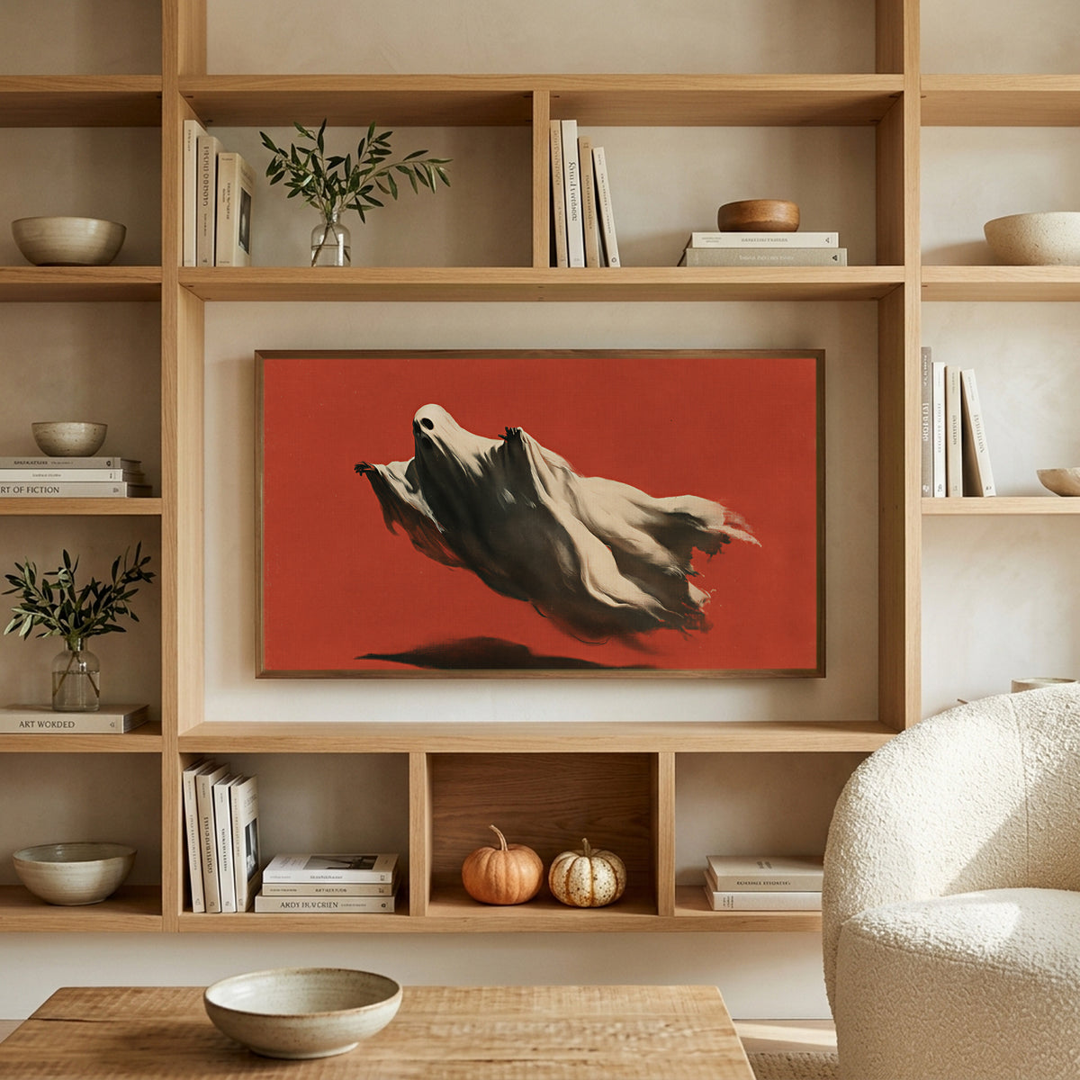 Flying ghost art on a TV in built-in oak shelves with pumpkins and books