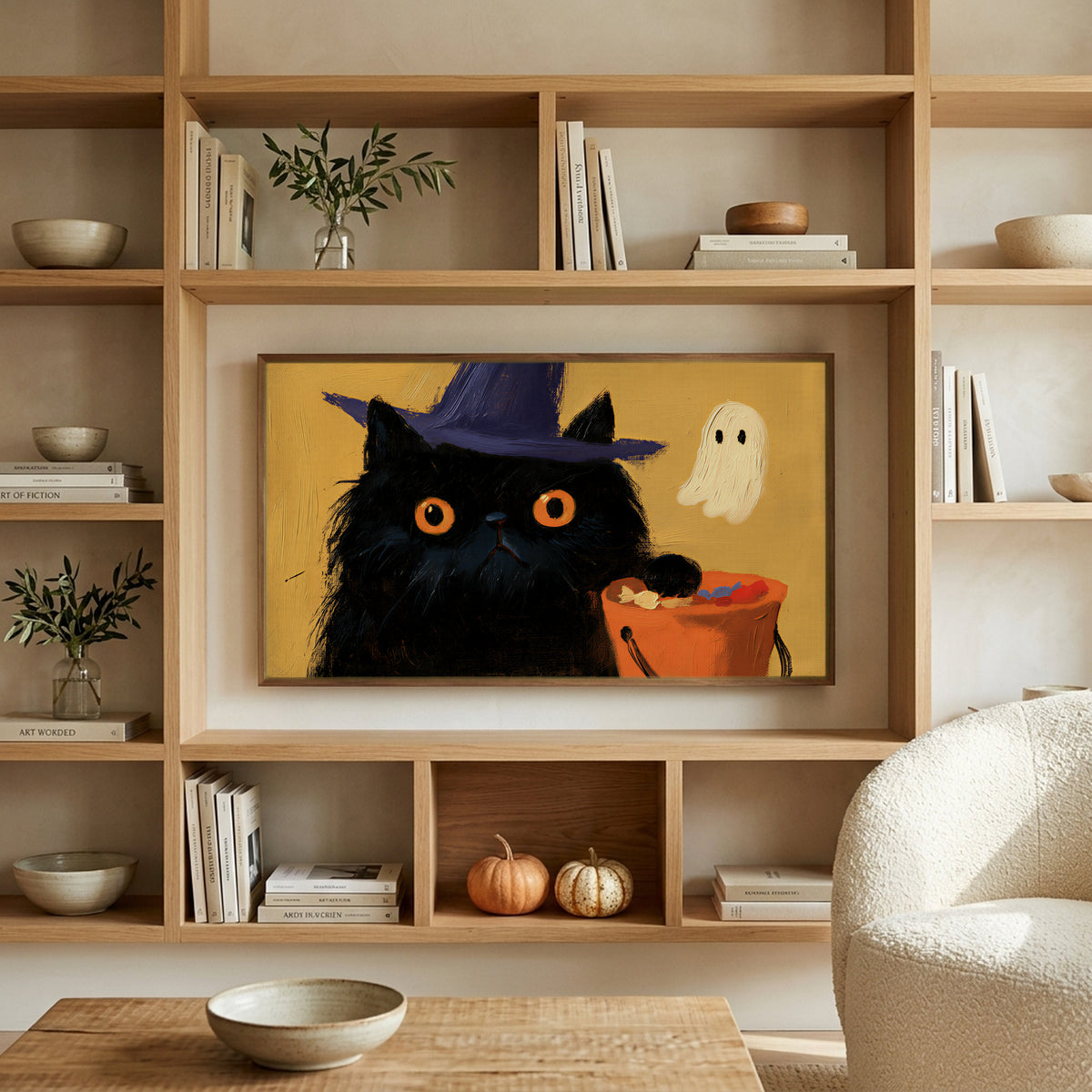 Black cat in a witch hat art on a TV in built-in oak shelves with pumpkins and books