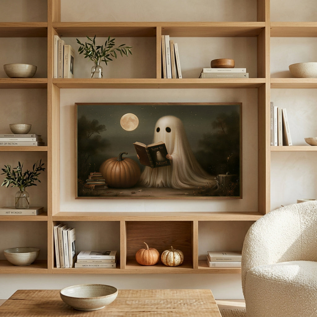Ghost reading a book art on a TV in built-in oak shelves with pumpkins and books