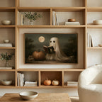 Ghost reading a book art on a TV in built-in oak shelves with pumpkins and books