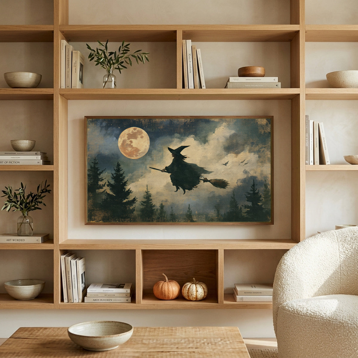 Flying witch art on a TV in built-in oak shelves with pumpkins and books