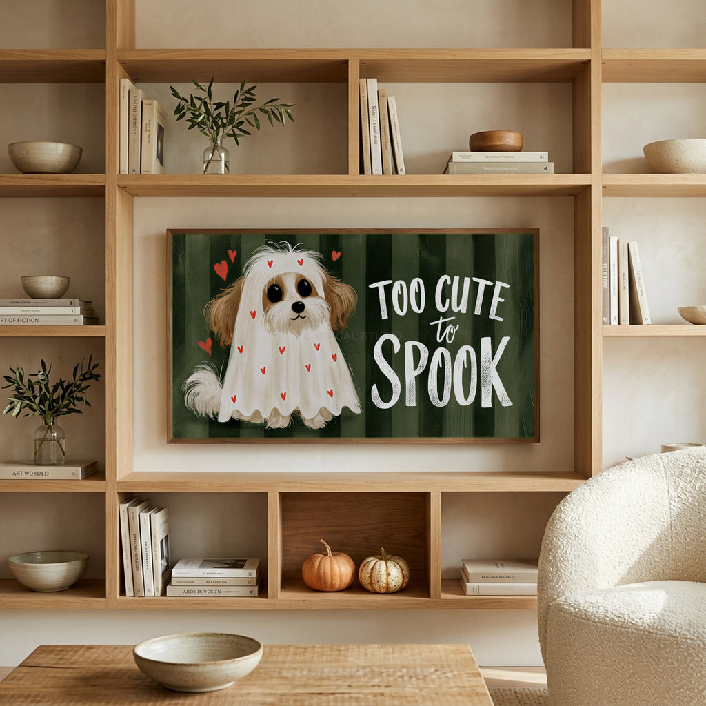 Dog ghost art on a TV in built-in oak shelves with pumpkins and books