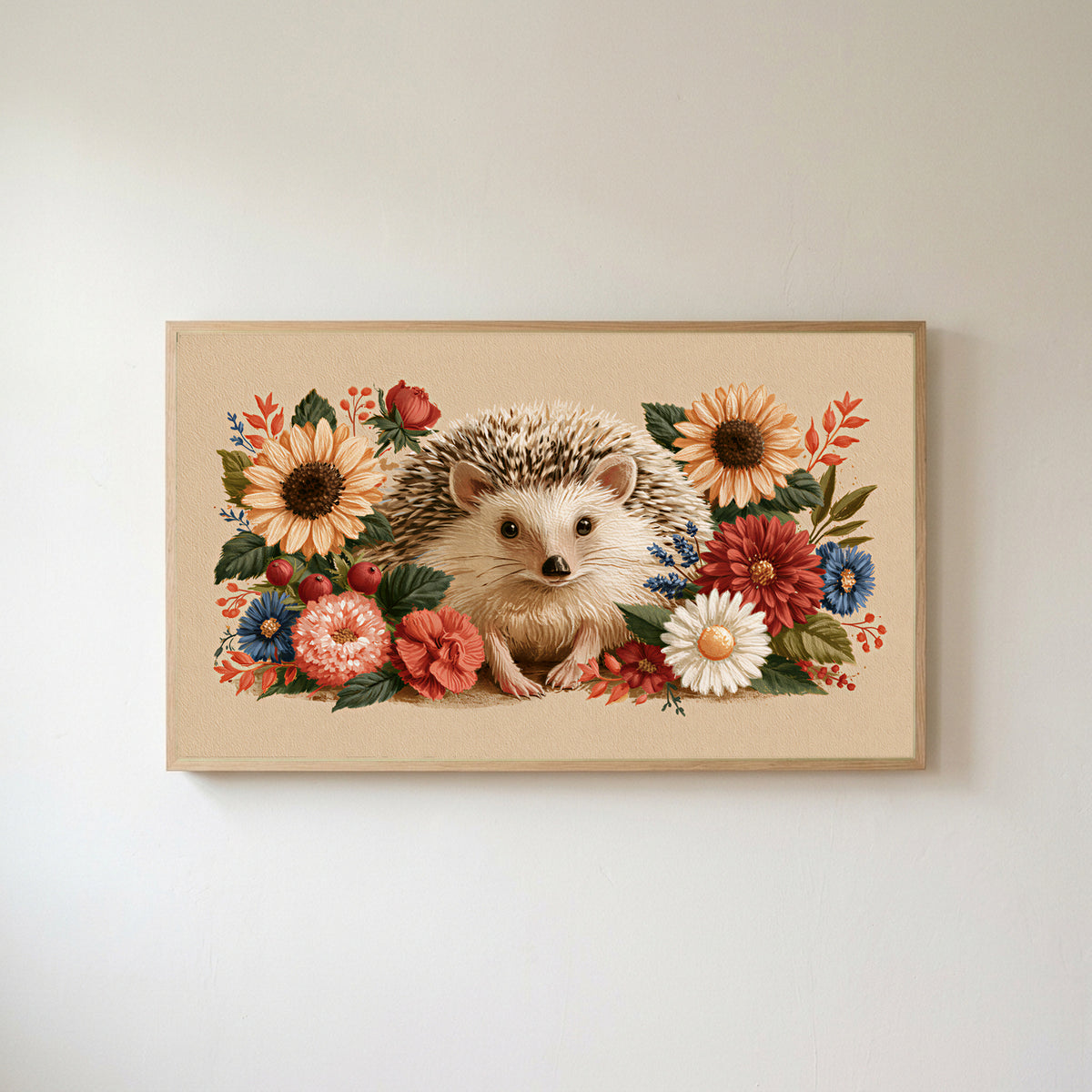 Cute Hedgehog with Sunflowers & Daisies as cute Frame TV art in an oak frame on a warm white wall