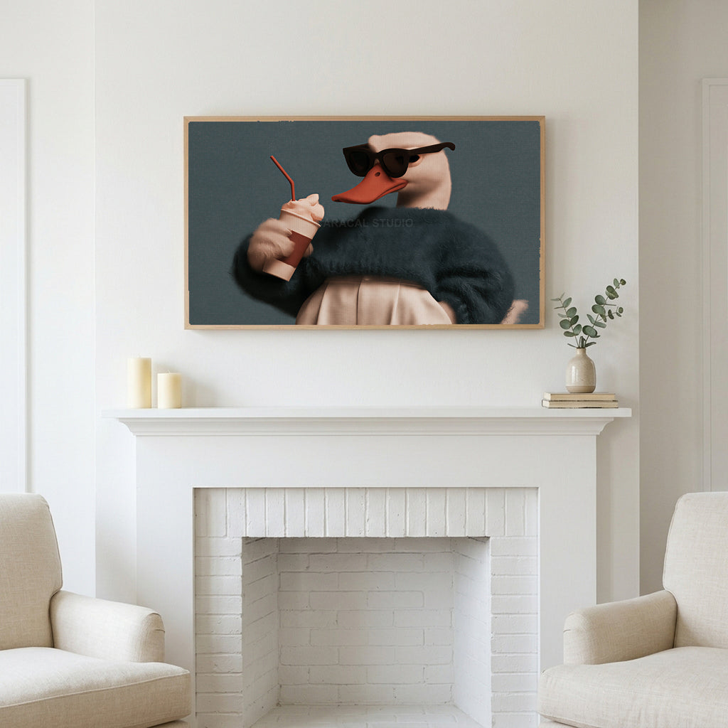 Cool duck art above a white fireplace with candles and eucalyptus on the mantel