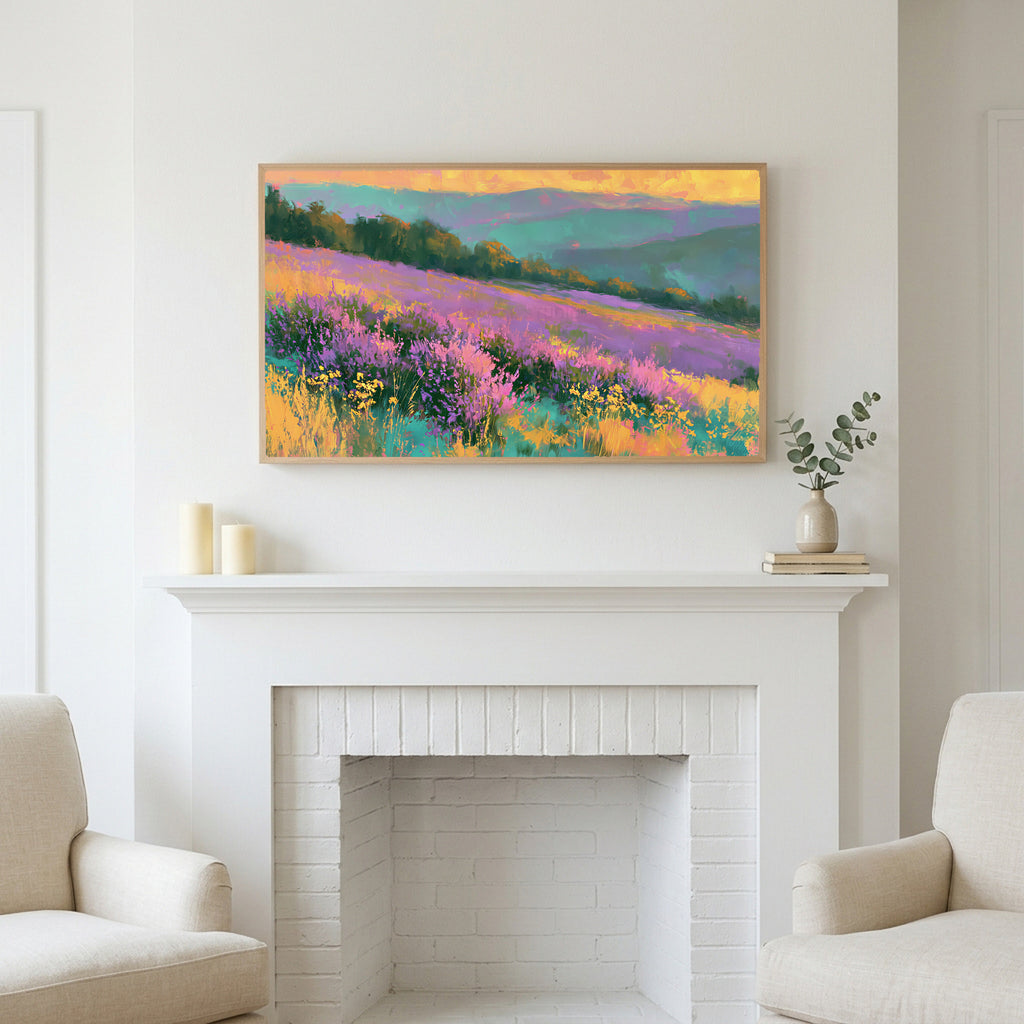 Heather hills art above a white fireplace with candles and eucalyptus on the mantel
