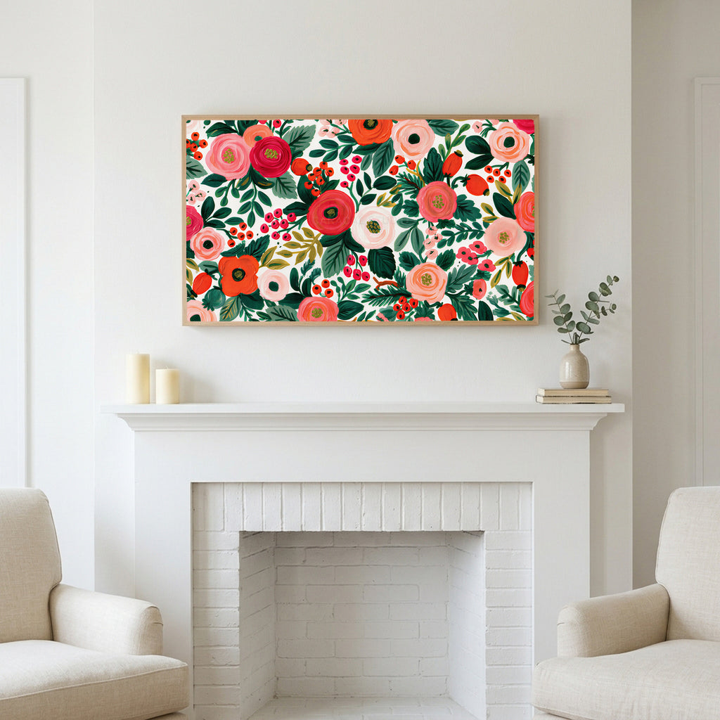 Painted roses and berries art above a white fireplace with candles and eucalyptus on the mantel