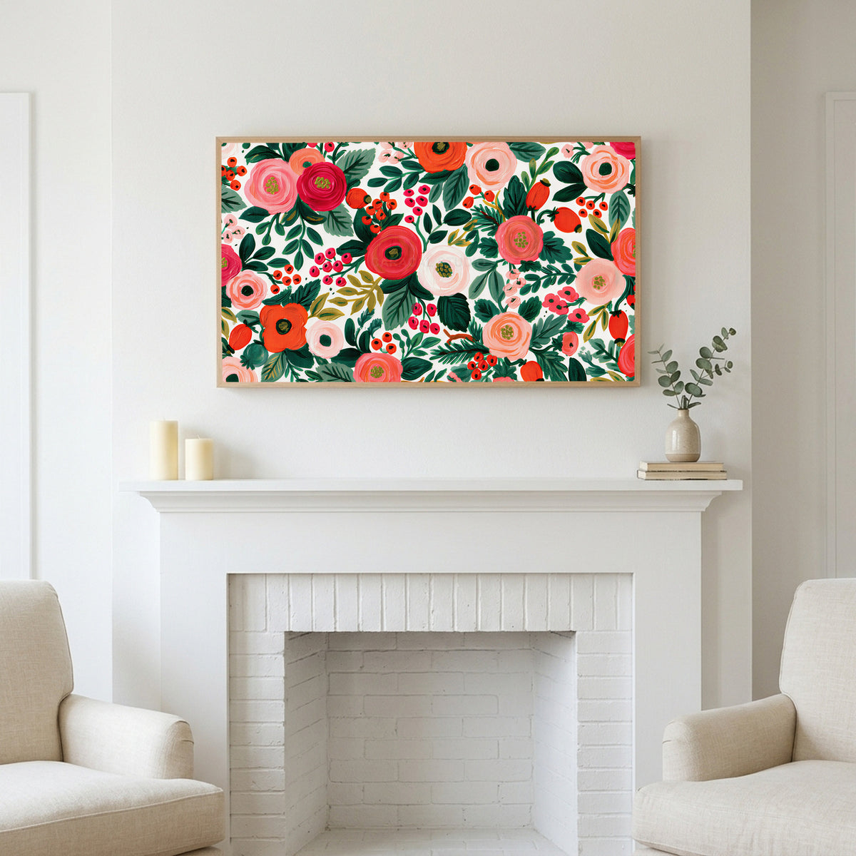 Painted roses and berries art above a white fireplace with candles and eucalyptus on the mantel