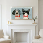 Frame TV art above a white fireplace with candles and eucalyptus on the mantel