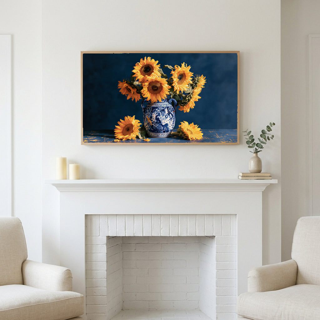 Sunflower still life art above a white fireplace with candles and eucalyptus on the mantel