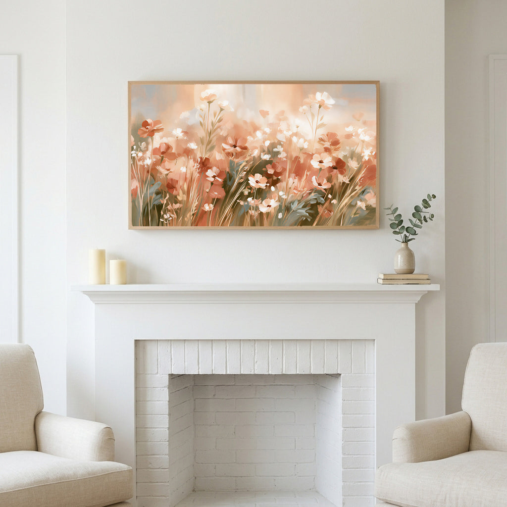 Terracotta wildflower meadow art above a white fireplace with candles and eucalyptus on the mantel
